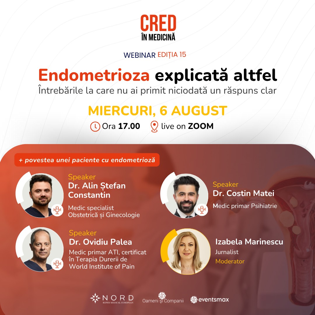 Webinar CRED în Medicină | Ediția #15 | „Endometrioza explicată altfel. Întrebările la care nu ai primit niciodată un răspuns clar”, 6 august | ora 17:00 | Zoom Live